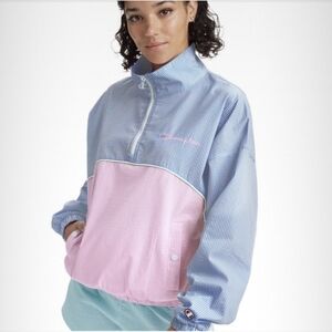 Champion Seersucker Popover Half Zip Windbreaker Jacket Blue Pink